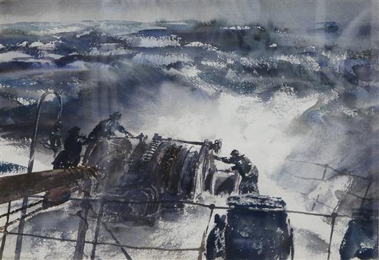§ Francis Russell Flint, watercolour, trawlermen hauling in nets, signed, 38 x 55cm